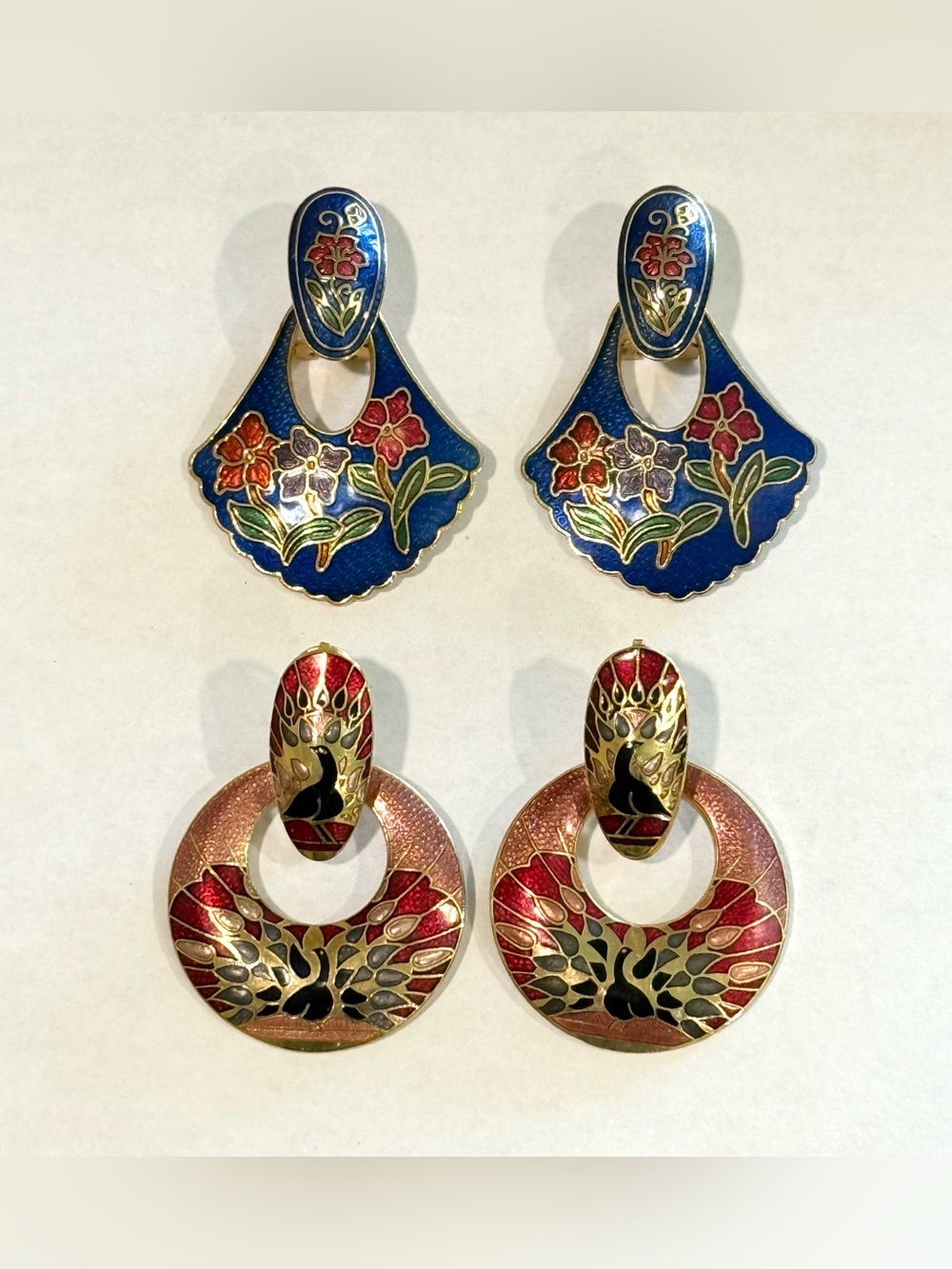 Vintage Cloisonné Door Knocker Chunky Earrings Peacock Bird Flower Blue Red